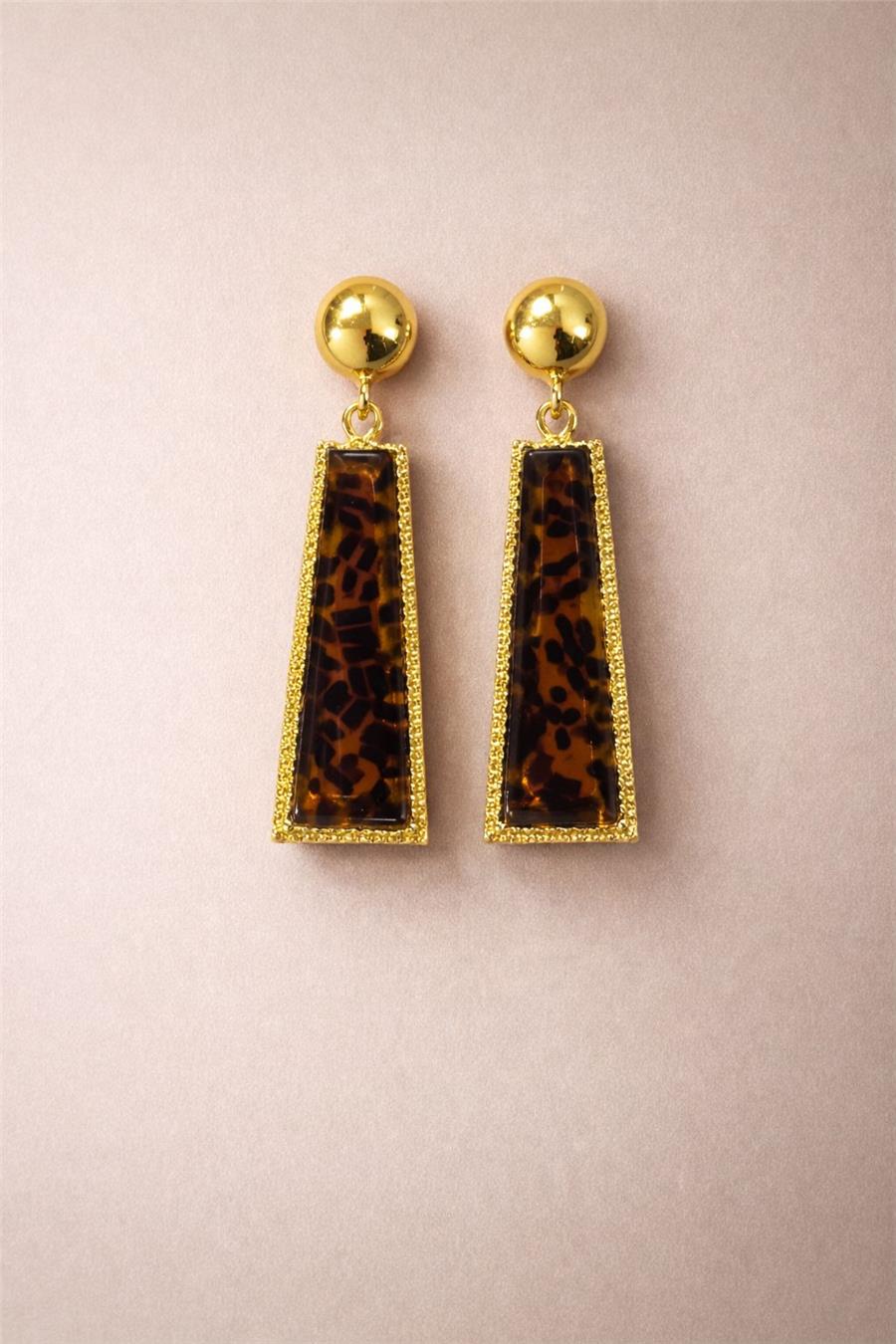 Terra Kahverengi Gold Leopar Desenli Plastik Küpe